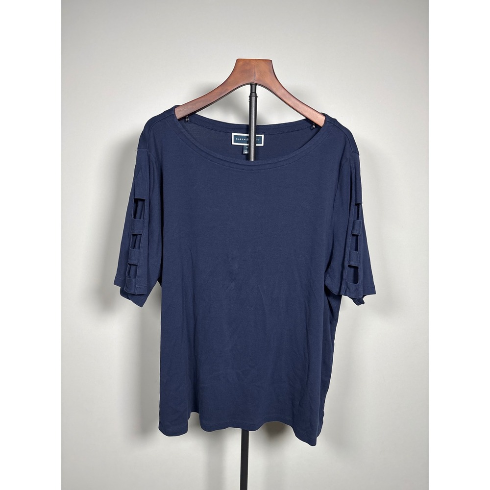 Karen Scott Top Women 3X Navy Blue Ladder Cutout Sleeve Casual 100% Cotton Tee